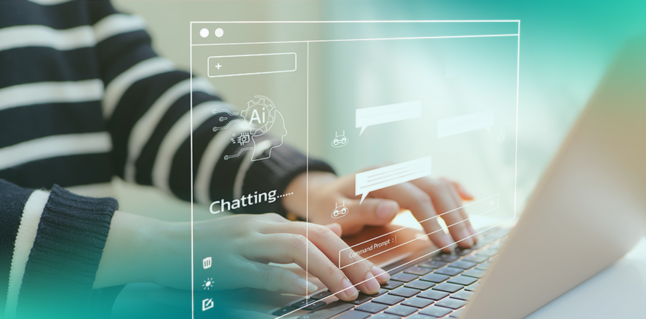 A digital AI chat window hovers above a close-up of hands typing on a laptop keyboard.