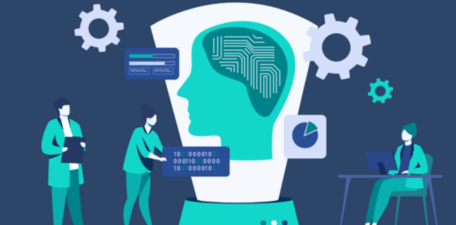 Illustration of two people working with a giant robotic head displaying a brain with circuit patterns, surrounded by gears and data charts, while another person sits at a desk with a laptop.