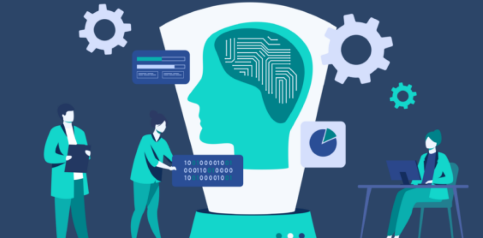 Illustration of two people working with a giant robotic head displaying a brain with circuit patterns, surrounded by gears and data charts, while another person sits at a desk with a laptop.