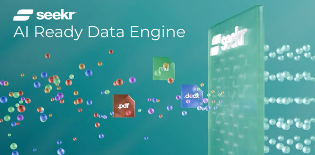 Colorful data file icons (PDF, XML, DOC) and small spheres flow toward a translucent digital panel labeled 