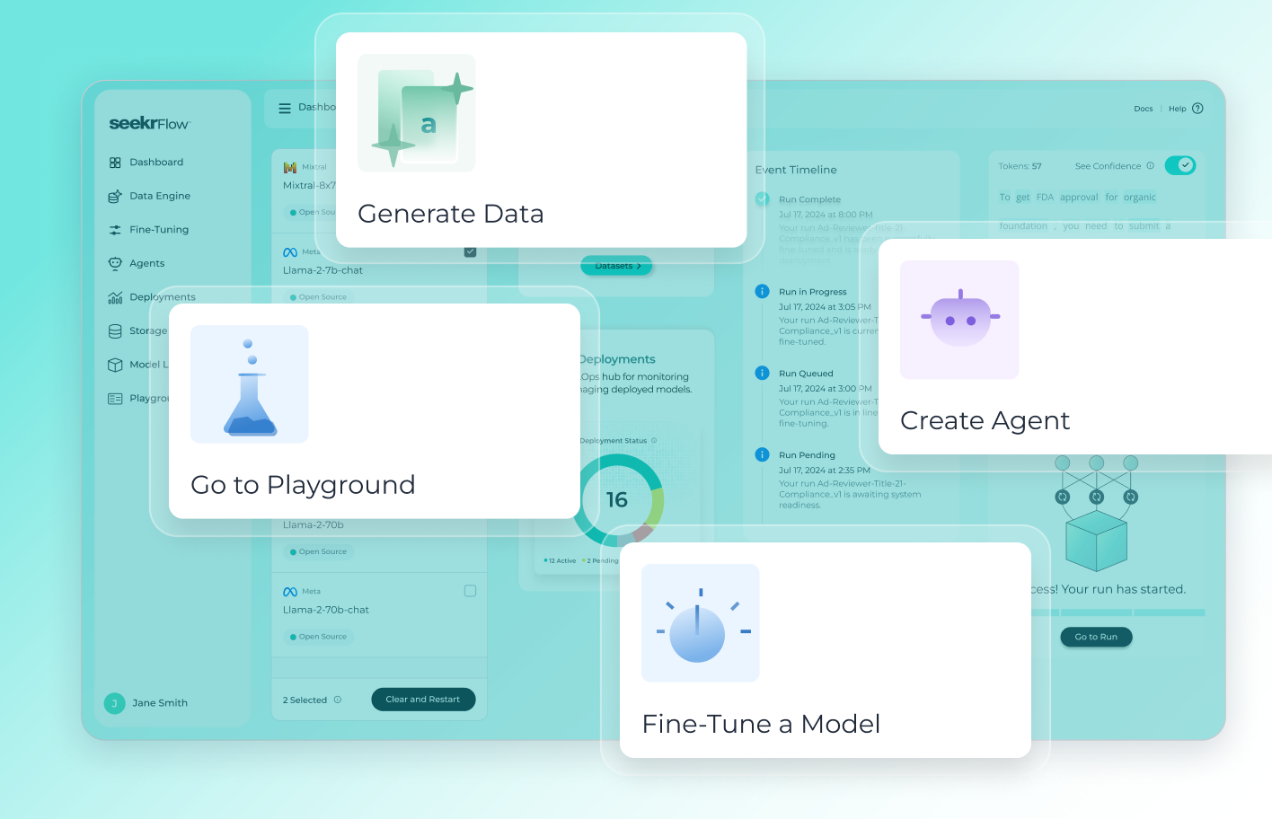 SeekrFlow AI platform: generate data, fine-tune model, create agent, go to playground