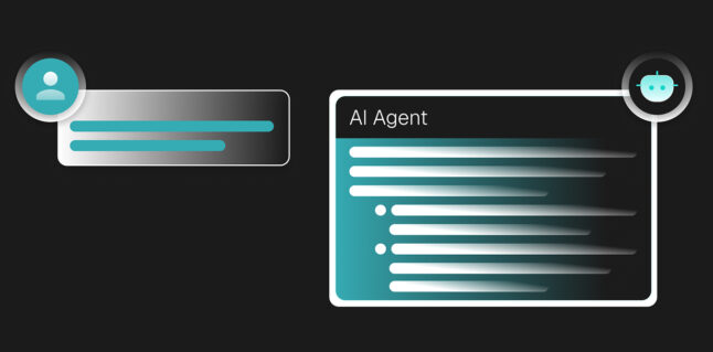 A user chat bubble and a larger AI Agent response bubble with text lines and icons, on a dark background, representing a conversation between a person and an AI.