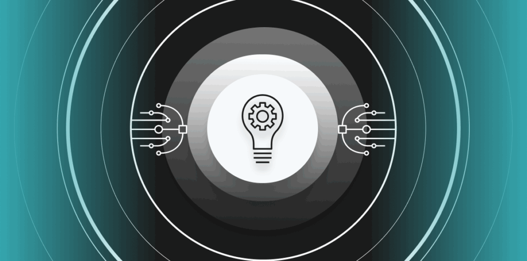 lightbulb icon with sensors on each side with teal and dark circular background