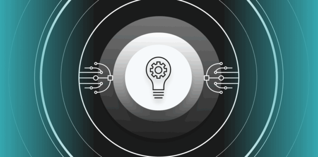 lightbulb icon with sensors on each side with teal and dark circular background
