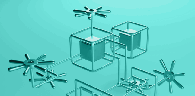 abstract image of 3d boxes in a connected structure, teal background