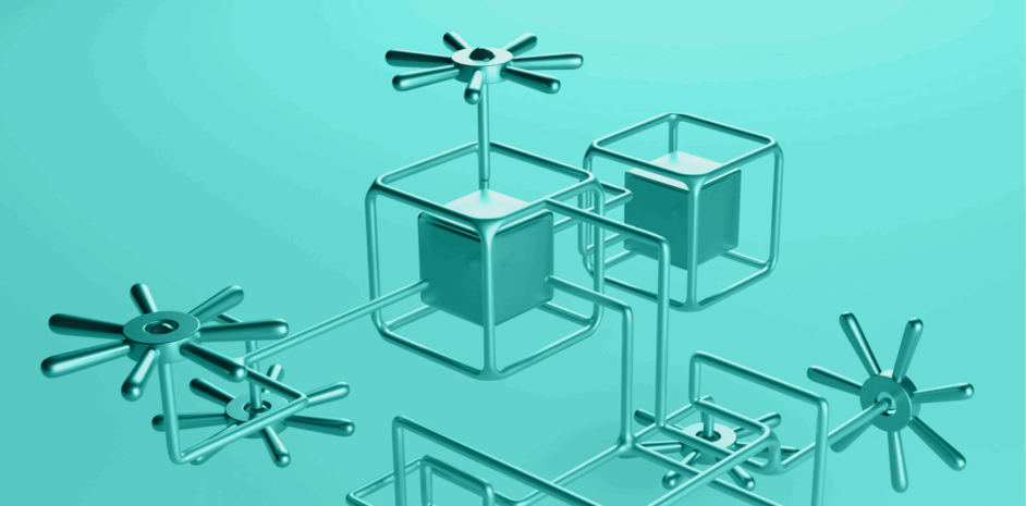 abstract image of 3d boxes in a connected structure, teal background