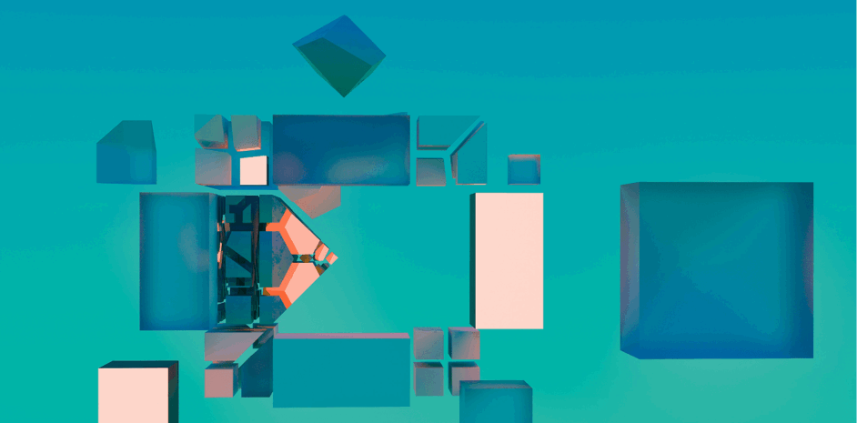 Overhead view of abstract building blocks organized in a maze with a teal background