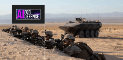 Photo of soldiers with tank in background, AI for Defense Summit logo