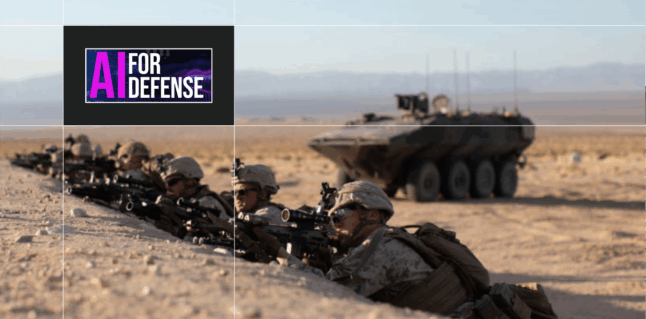 Photo of soldiers with tank in background, AI for Defense Summit logo