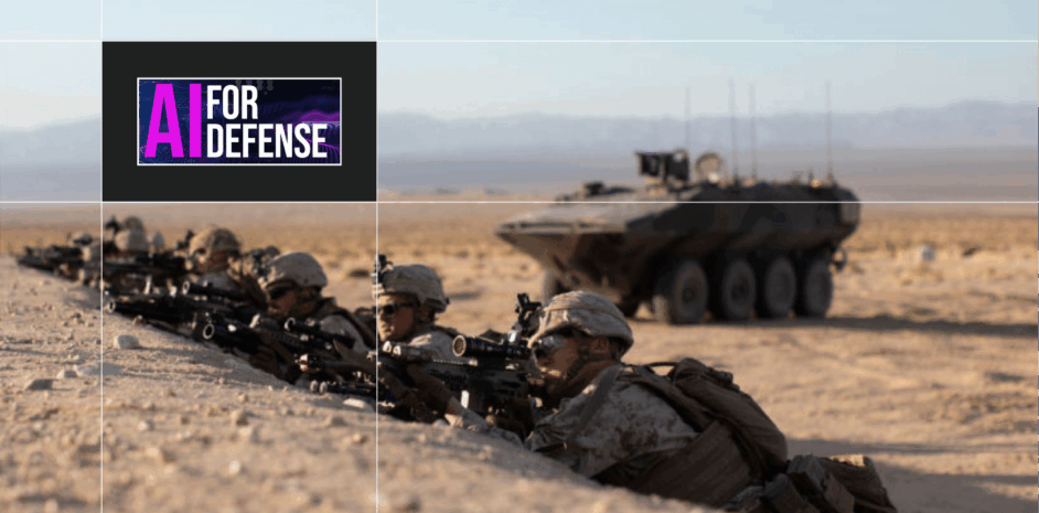 Photo of soldiers with tank in background, AI for Defense Summit logo